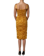 Dolce & Gabbana Gold Silk Ruched Bodycon Sheath Midi Dress
