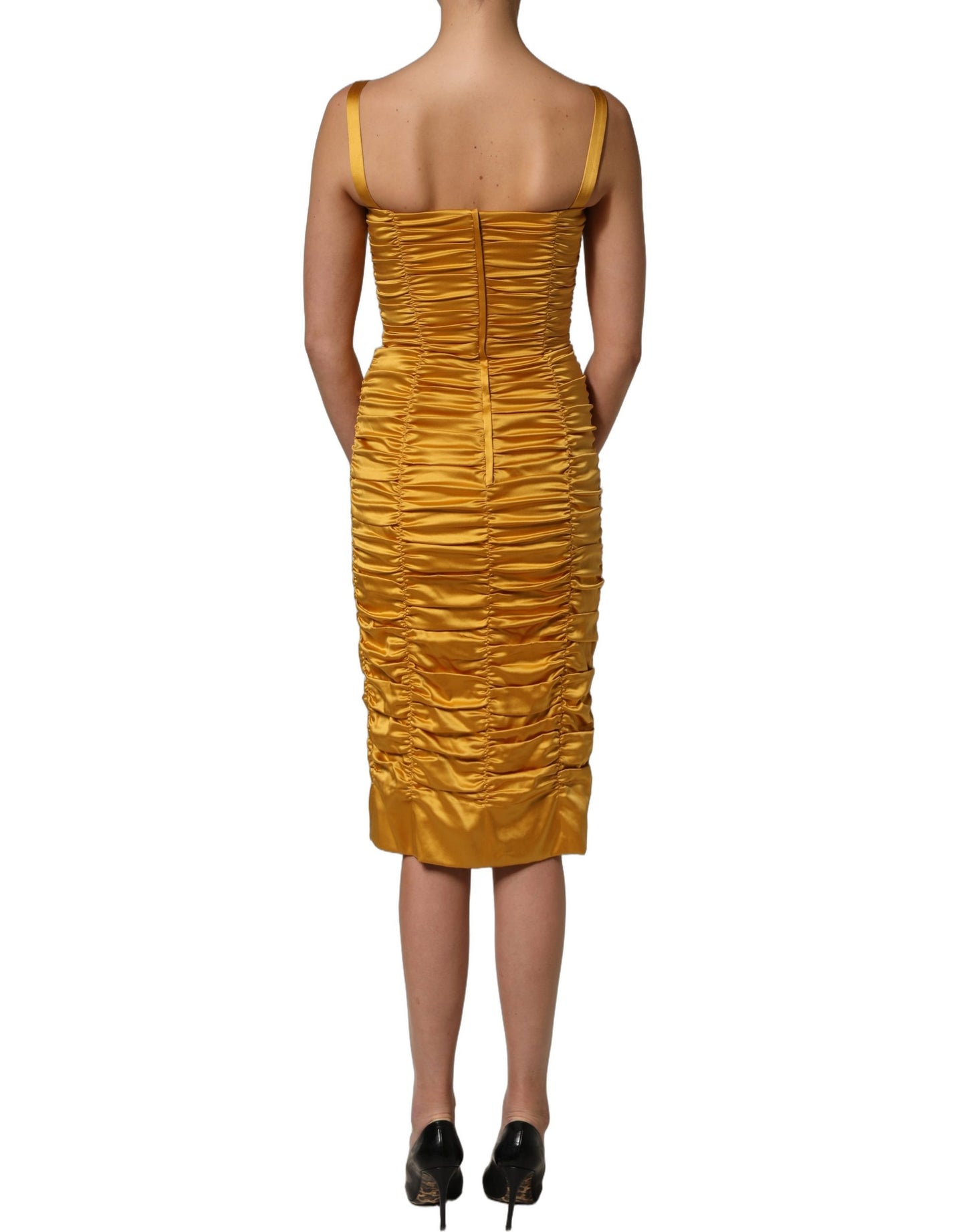 Dolce & Gabbana Gold Silk Ruched Bodycon Sheath Midi Dress Dolce & Gabbana