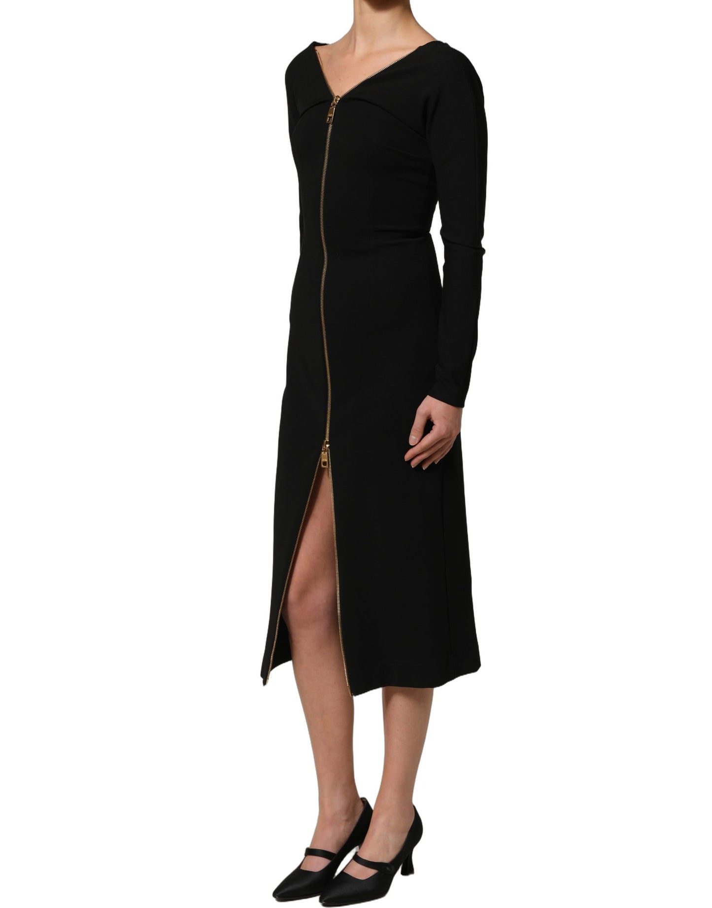 Dolce & Gabbana Black Long Sleeves Front Zipper Midi Dress Dolce & Gabbana