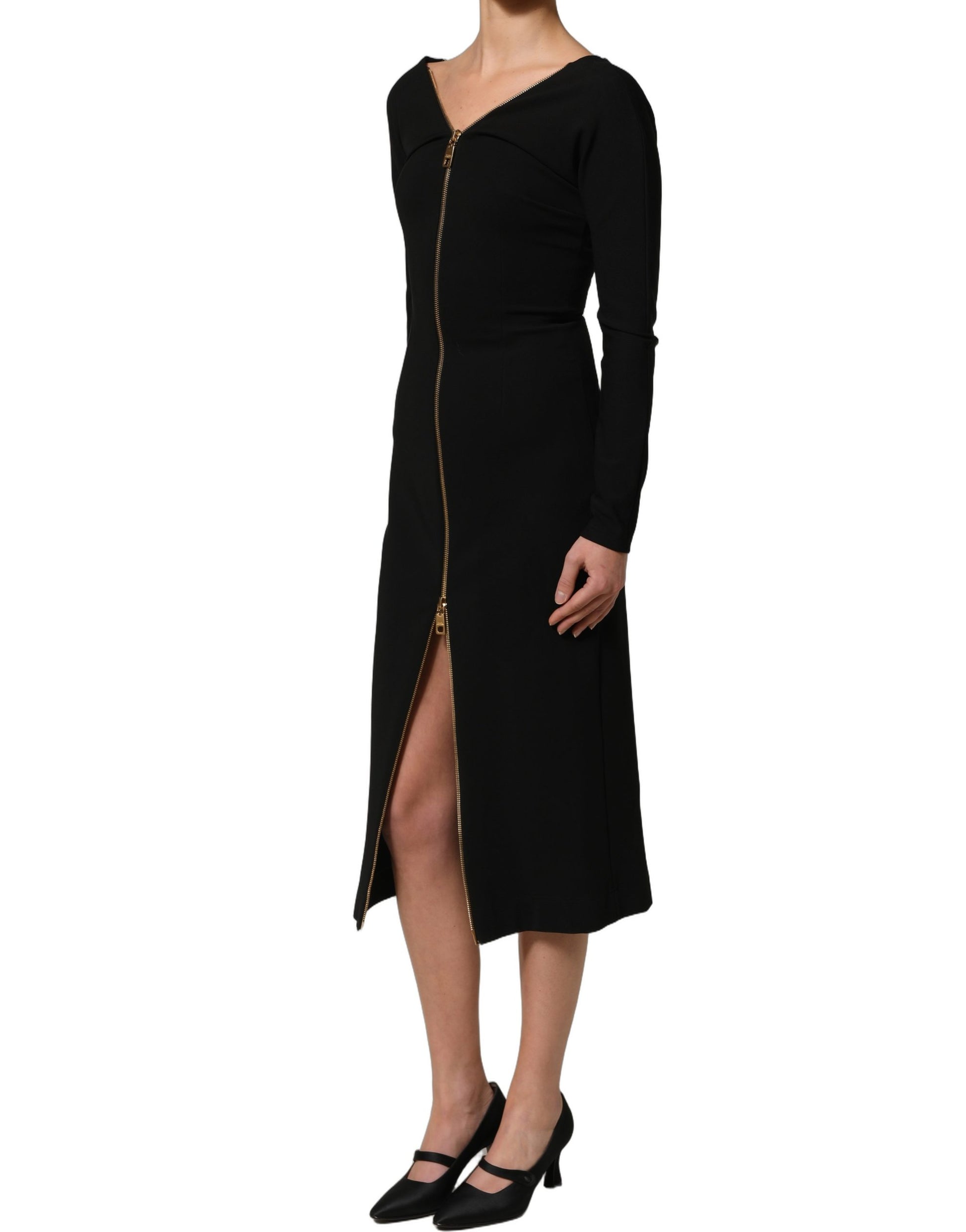 Dolce & Gabbana Black Long Sleeves Front Zipper Midi Dress Dolce & Gabbana