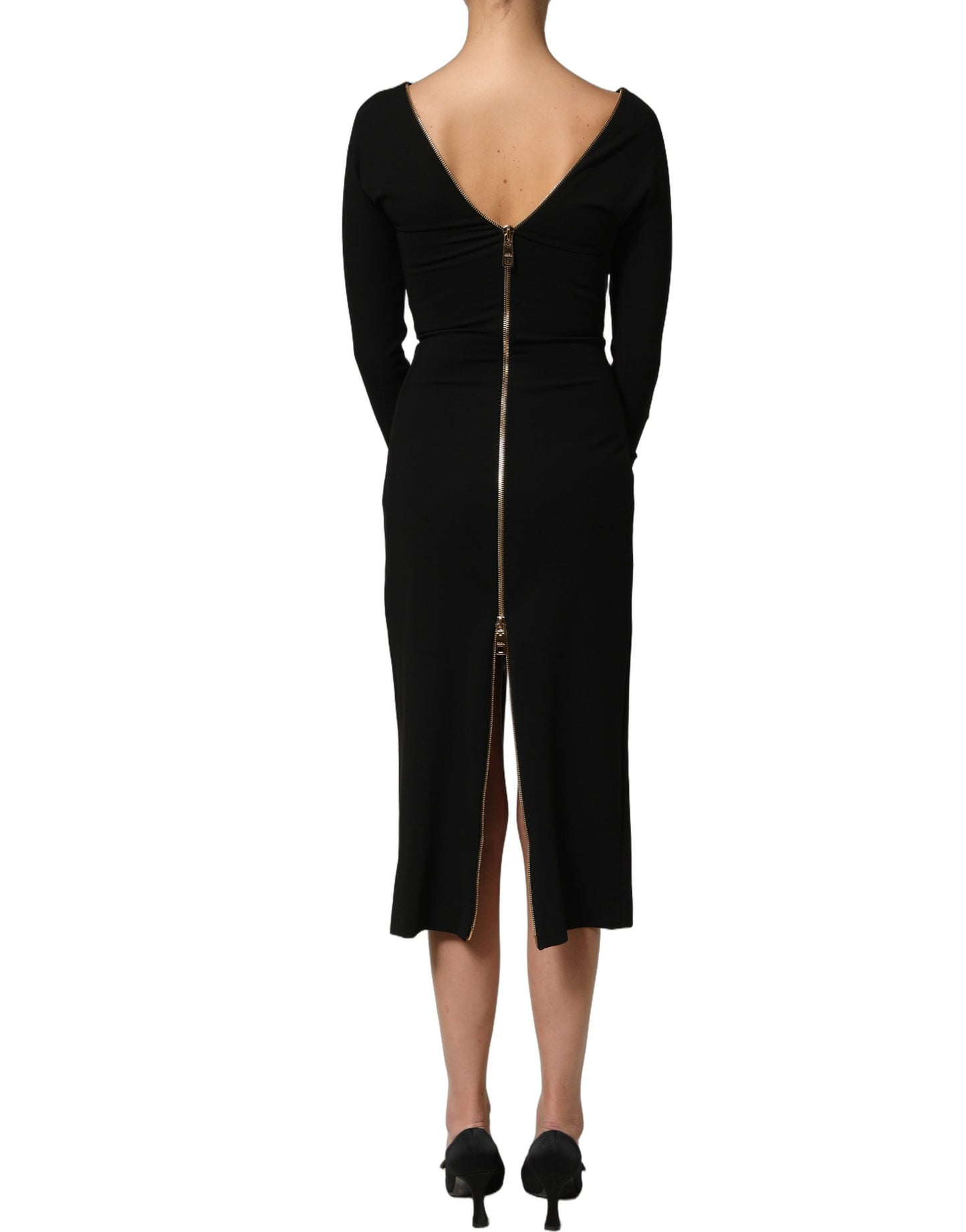 Dolce & Gabbana Black Long Sleeves Front Zipper Midi Dress Dolce & Gabbana