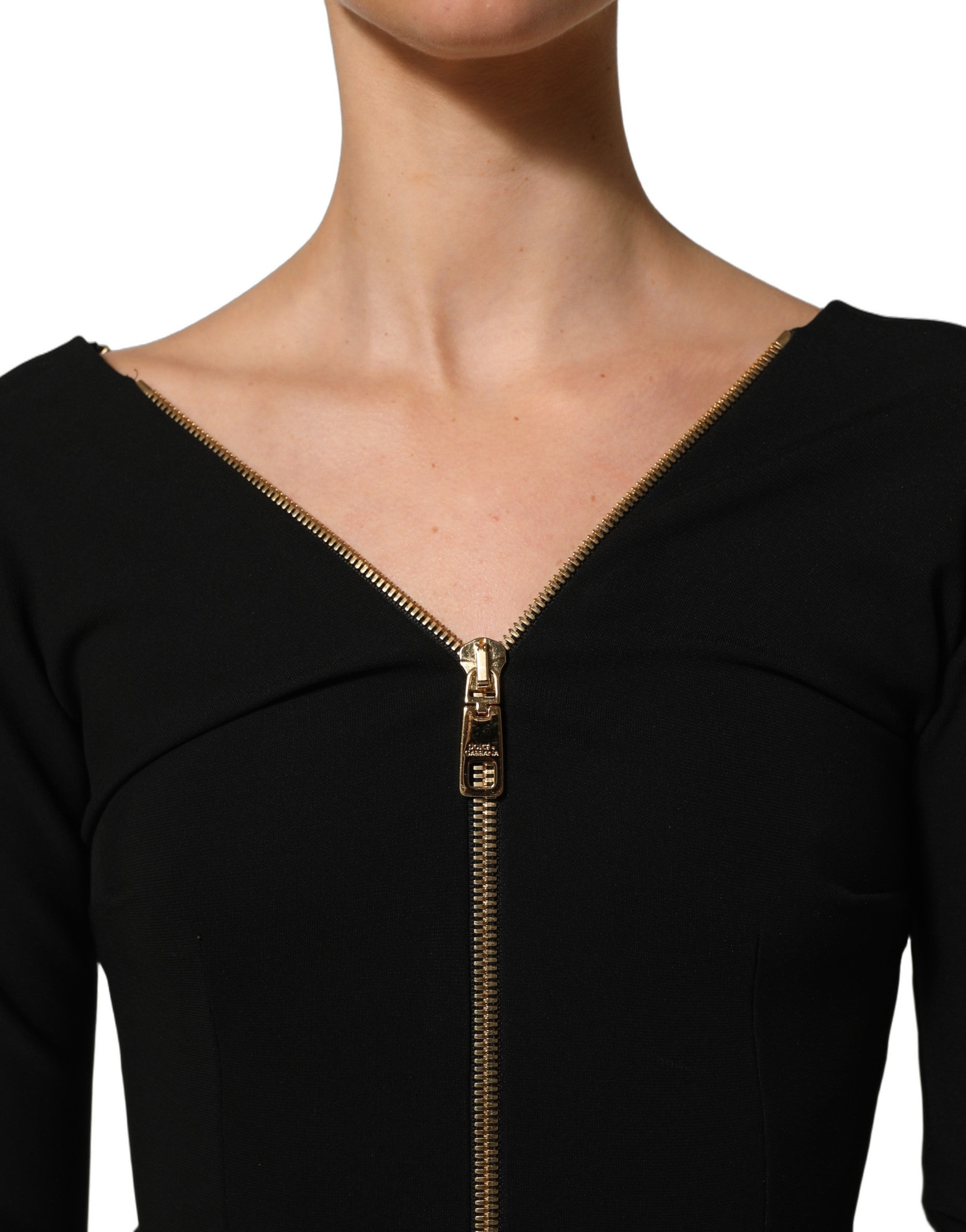 Dolce & Gabbana Black Long Sleeves Front Zipper Midi Dress Dolce & Gabbana