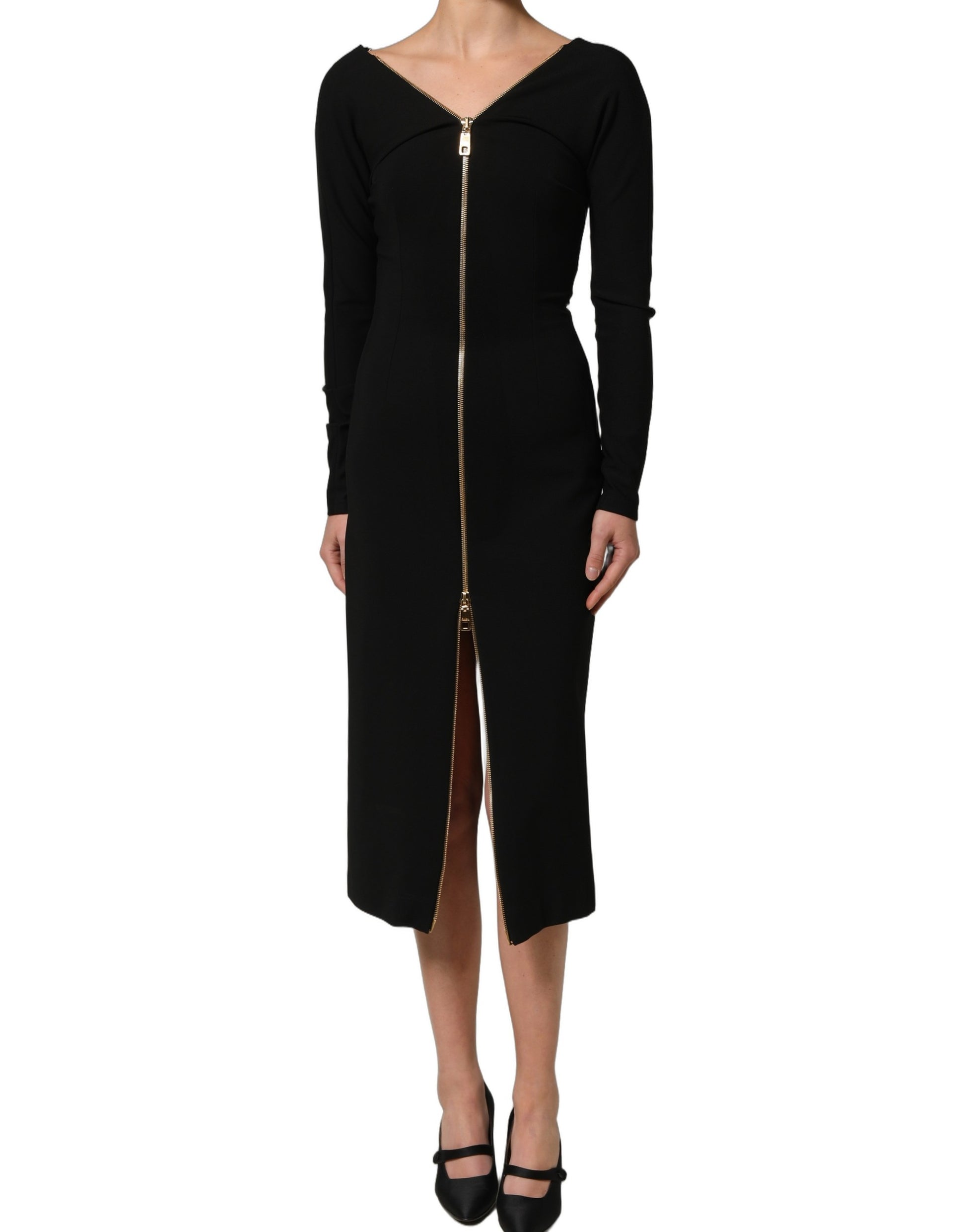 Dolce & Gabbana Black Long Sleeves Front Zipper Midi Dress Dolce & Gabbana
