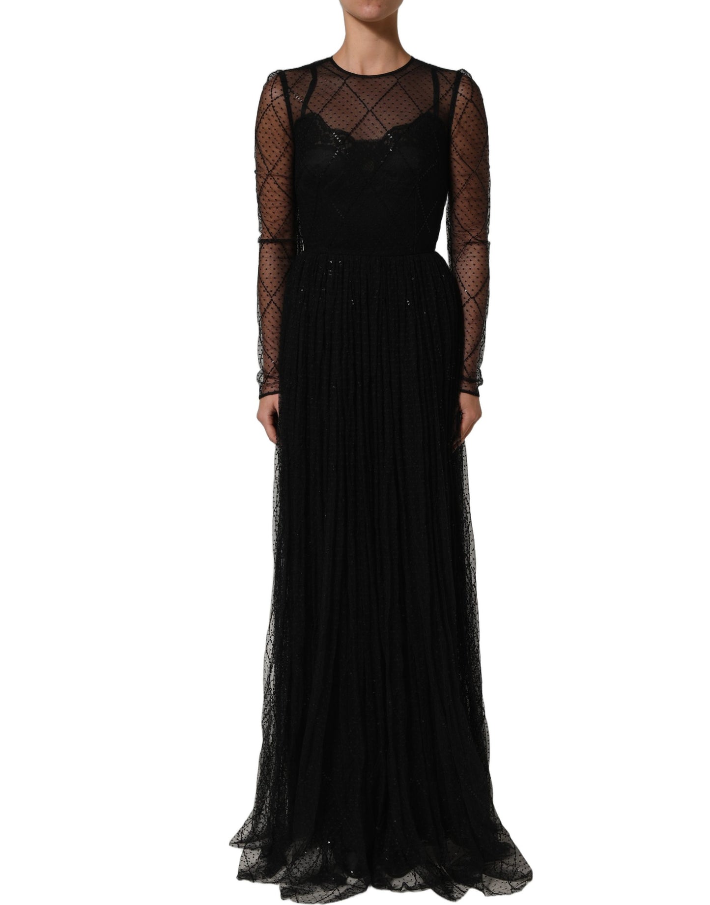 Dolce & Gabbana Black Mesh Lace Long Sleeved Maxi Gown Dress Dolce & Gabbana