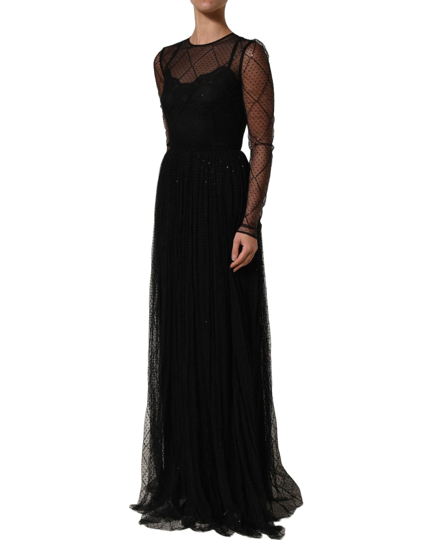 Dolce & Gabbana Black Mesh Lace Long Sleeved Maxi Gown Dress Dolce & Gabbana