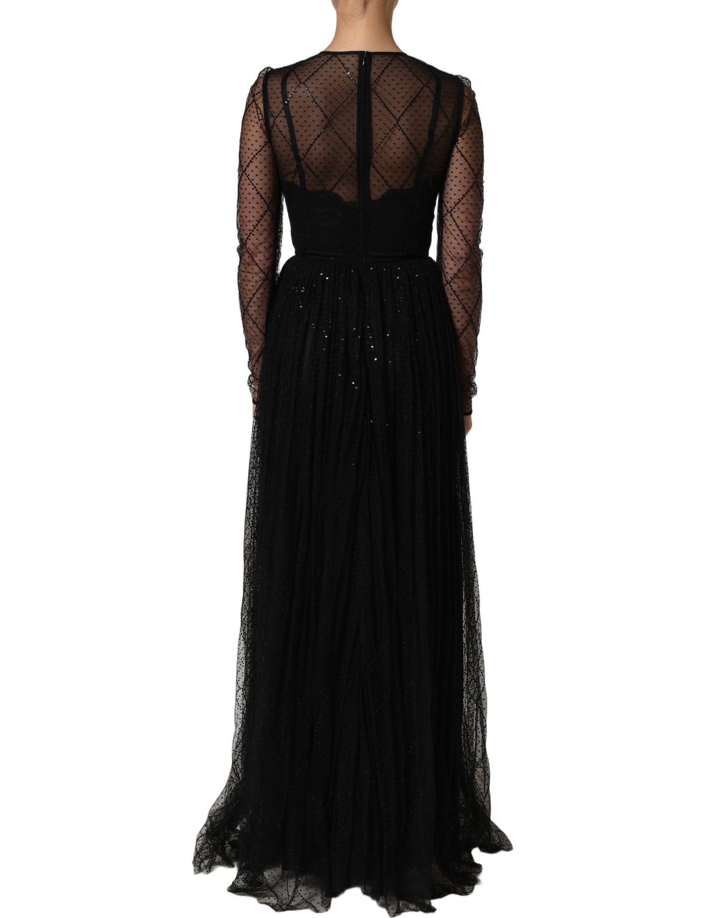 Dolce & Gabbana Black Mesh Lace Long Sleeved Maxi Gown Dress Dolce & Gabbana