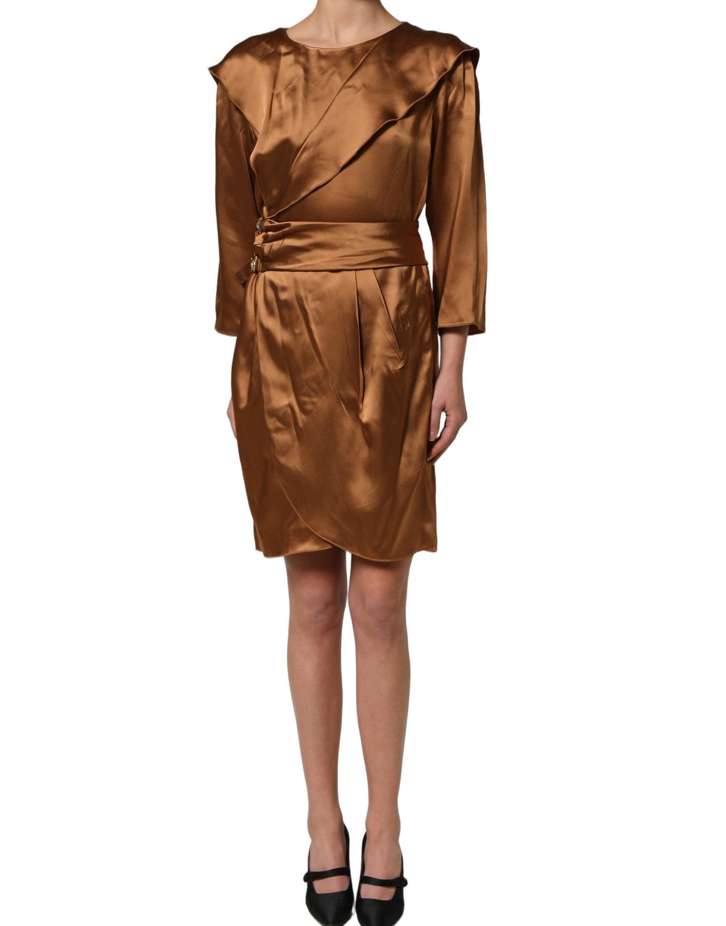 Emporio Armani Brown Satin Acetate Wrap Sheath Mini Belted Dress Emporio Armani