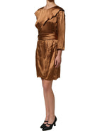 Emporio Armani brown satin acetate wrap sheath mini dress with belted waist, featuring elegant design and sophisticated style.
