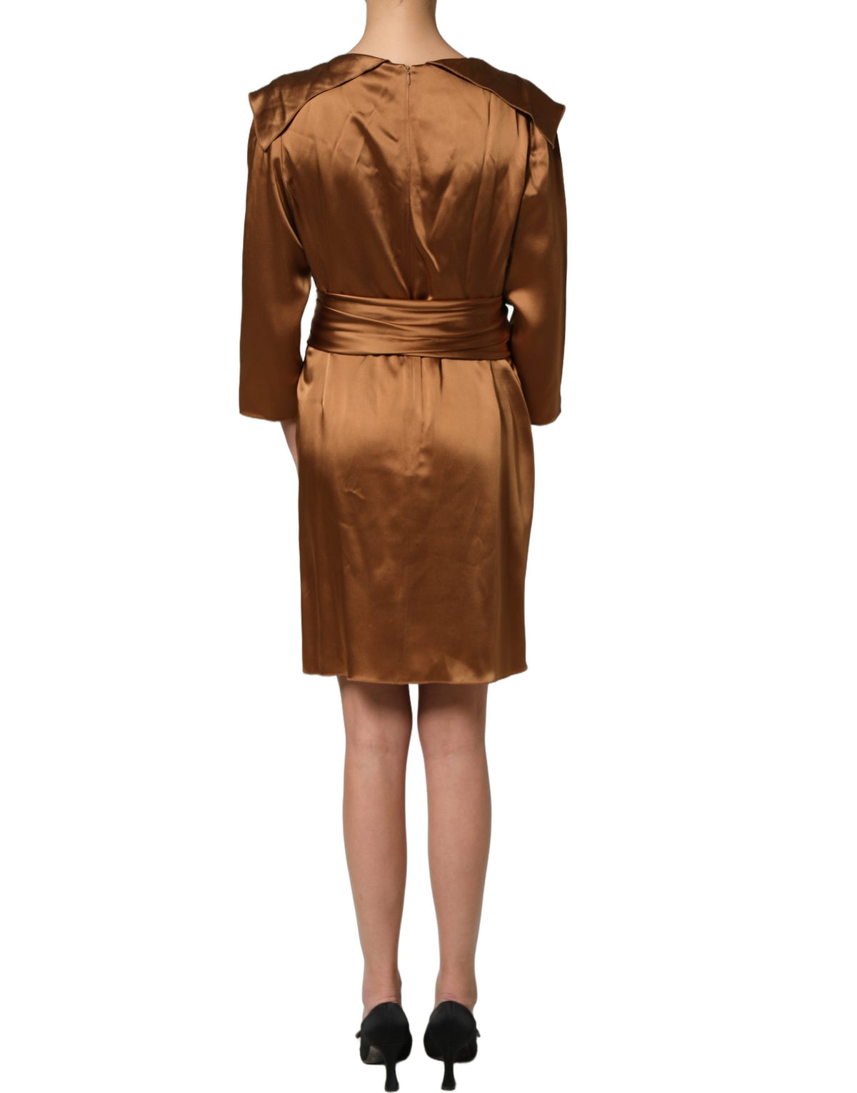 Emporio Armani brown satin acetate wrap sheath mini dress with belted waist and elegant design.