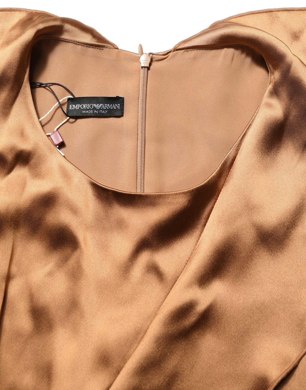 Elegant brown satin wrap sheath mini dress by Emporio Armani with belt, featuring a sleek, sophisticated design.