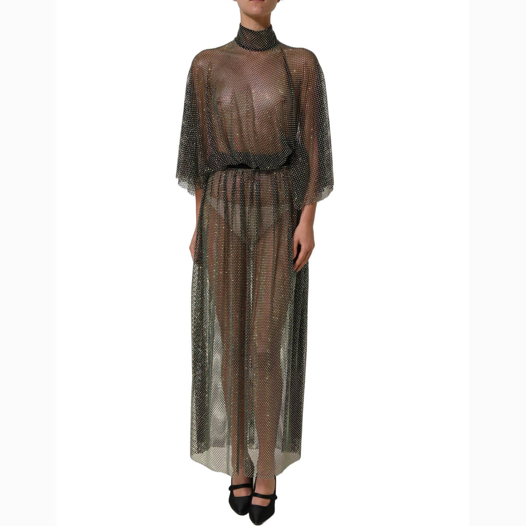 Dolce & Gabbana Black Rhinestone Mesh Turtleneck Maxi Dress