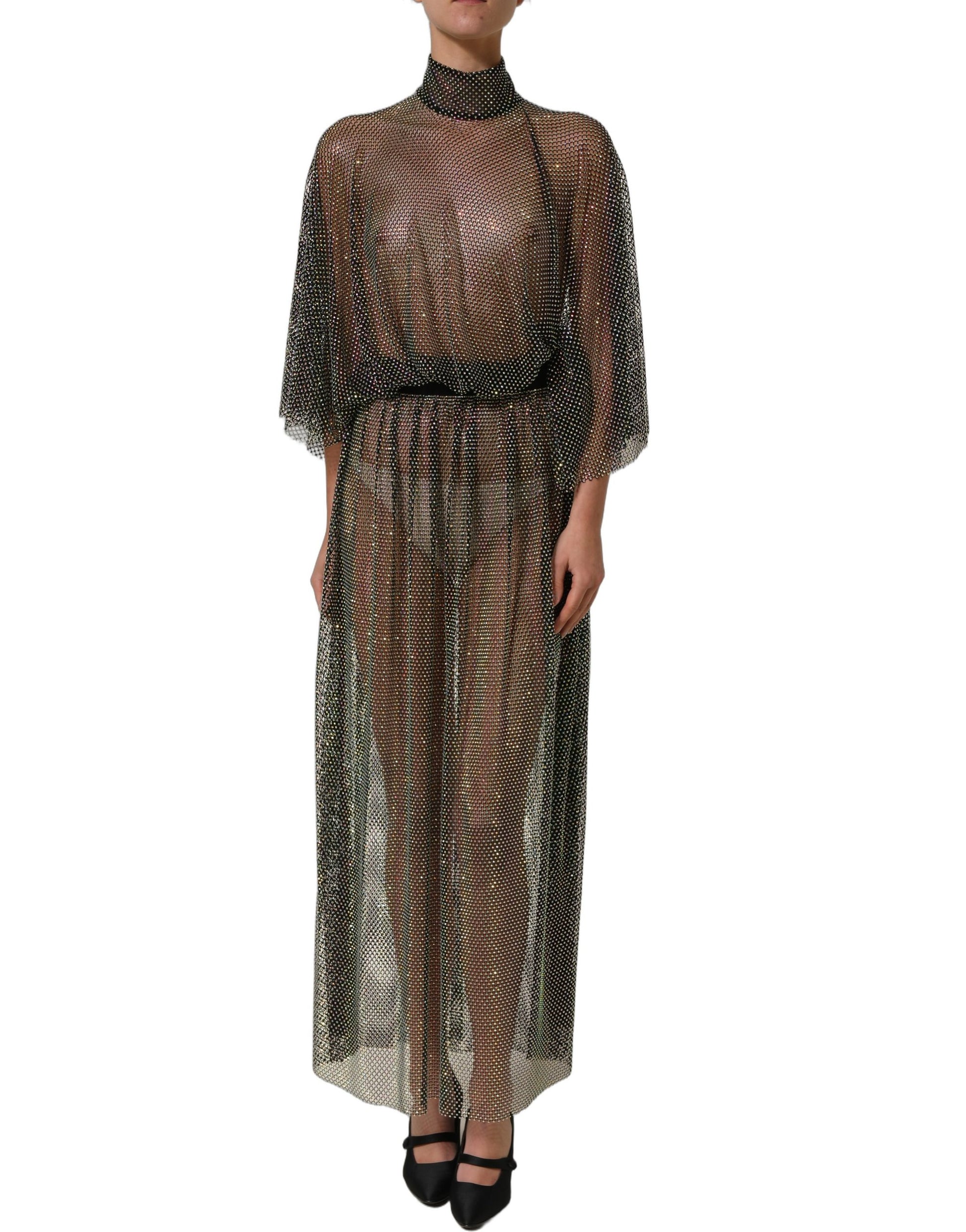 Dolce & Gabbana Black Rhinestone Mesh Turtleneck Maxi Dress Dolce & Gabbana