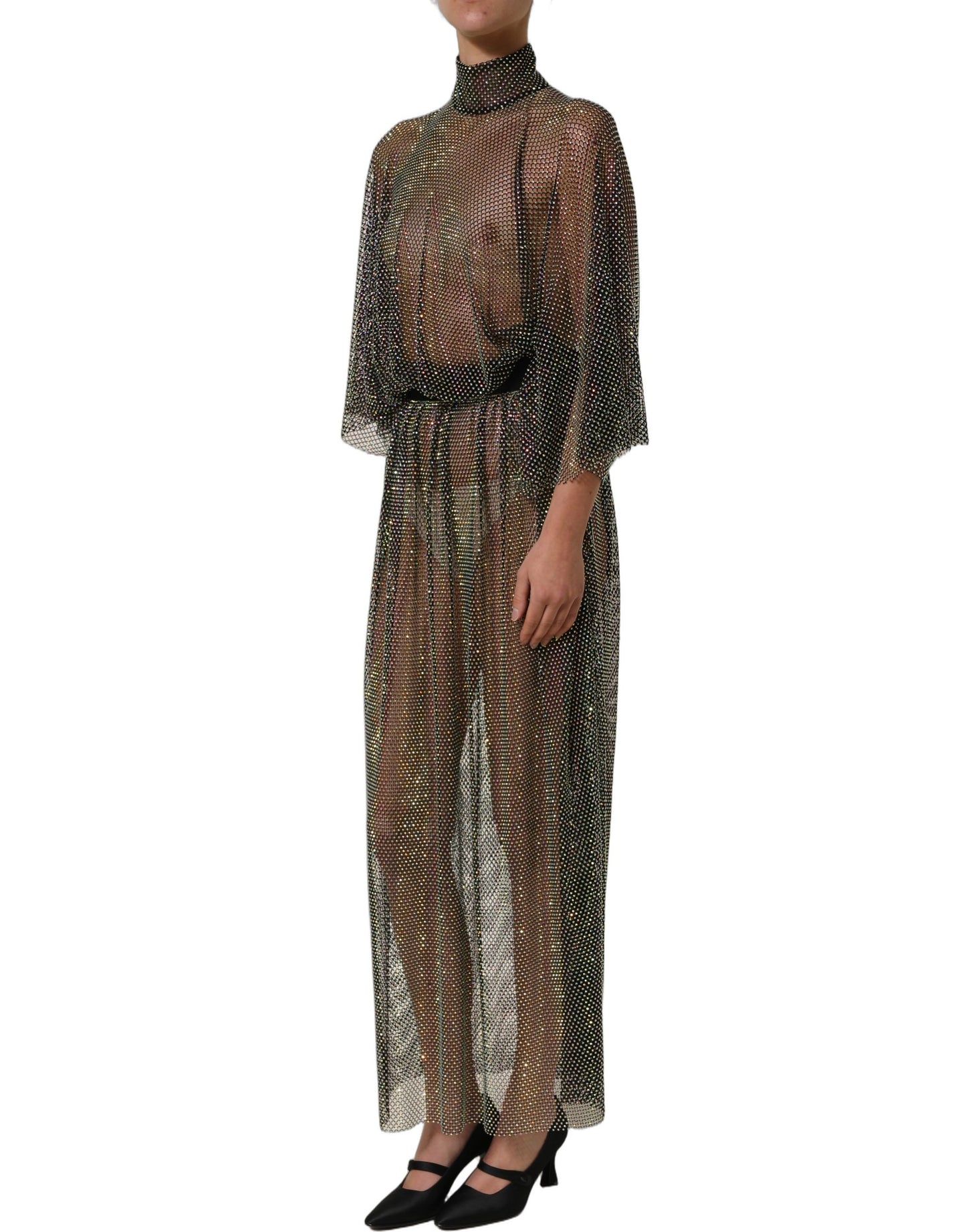Dolce & Gabbana Black Rhinestone Mesh Turtleneck Maxi Dress Dolce & Gabbana