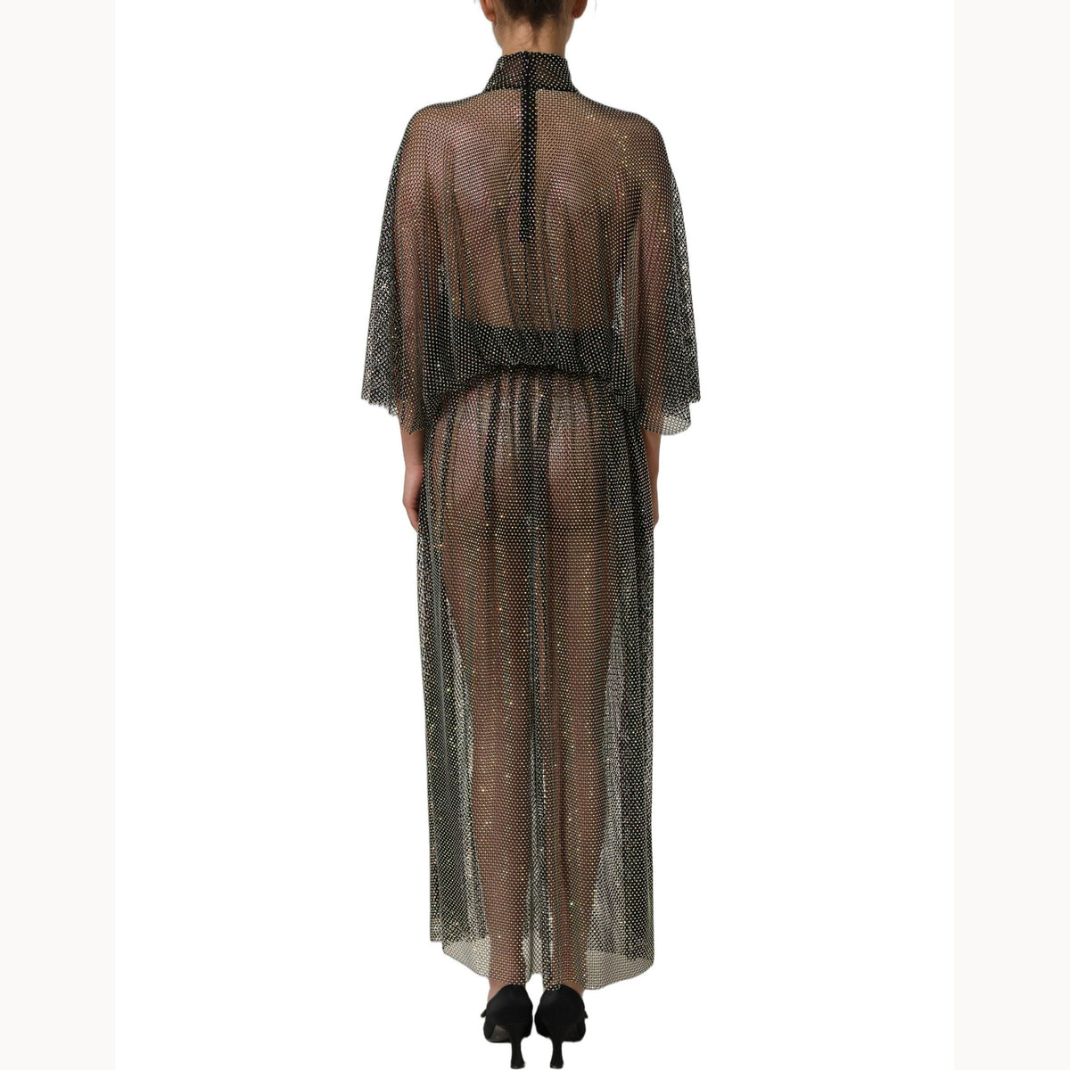 Dolce & Gabbana Black Rhinestone Mesh Turtleneck Maxi Dress