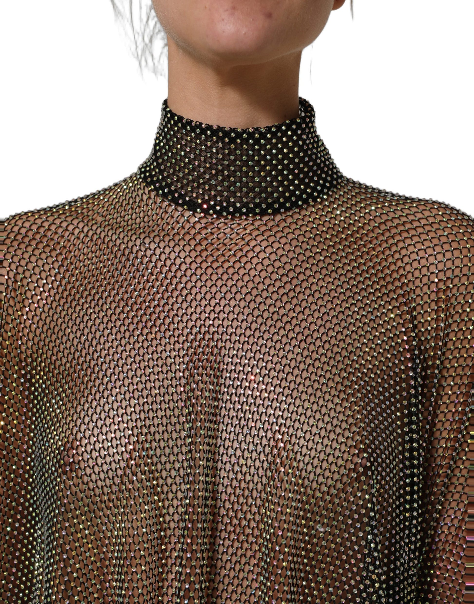 Dolce & Gabbana Black Rhinestone Mesh Turtleneck Maxi Dress Dolce & Gabbana
