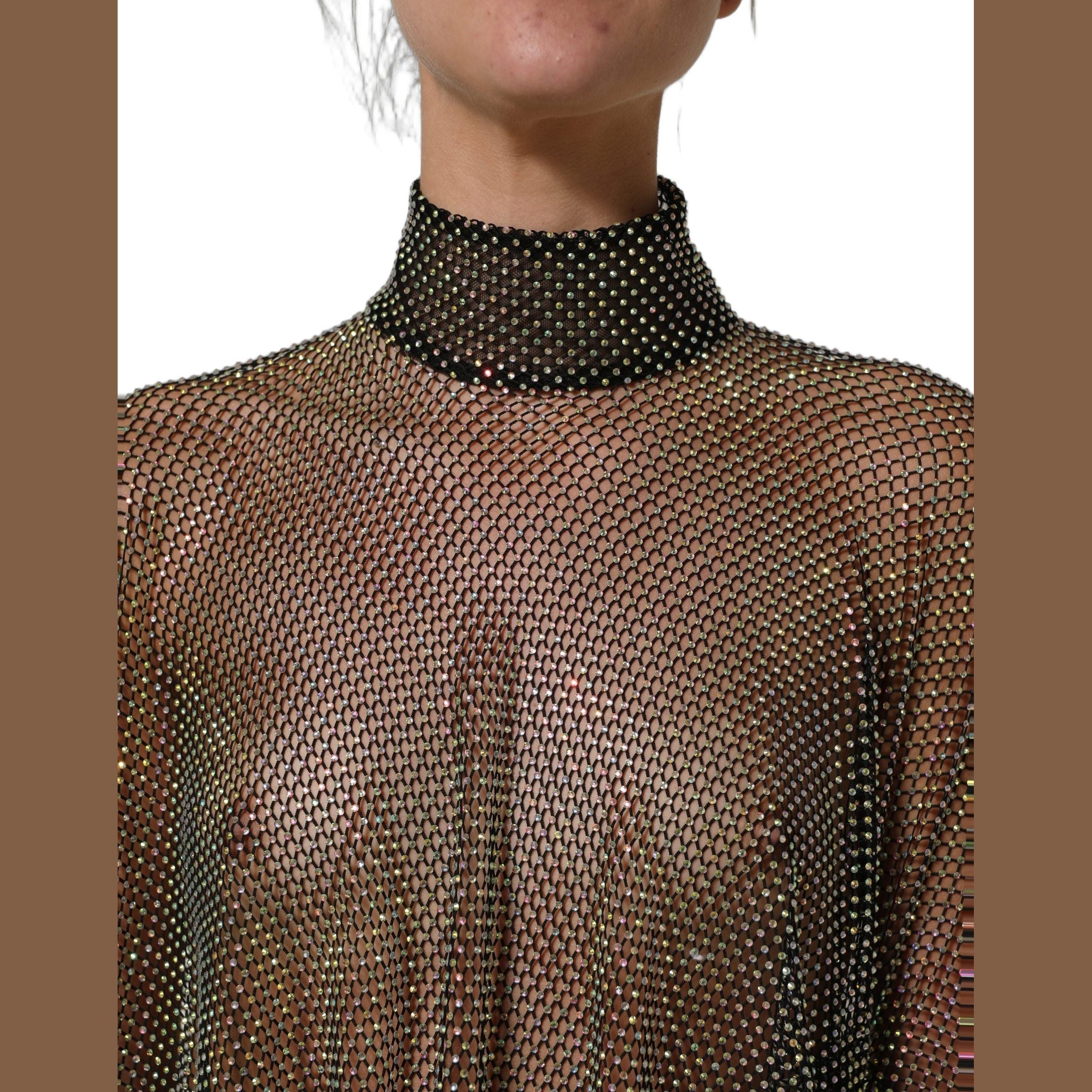Dolce & Gabbana Black Rhinestone Mesh Turtleneck Maxi Dress