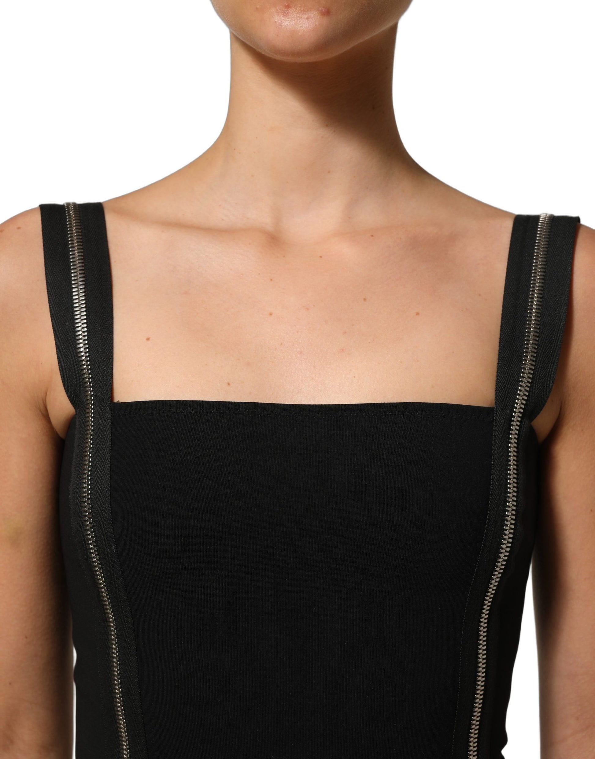 Dolce & Gabbana Black Sleeveless Front Zipper Midi Dress Dolce & Gabbana
