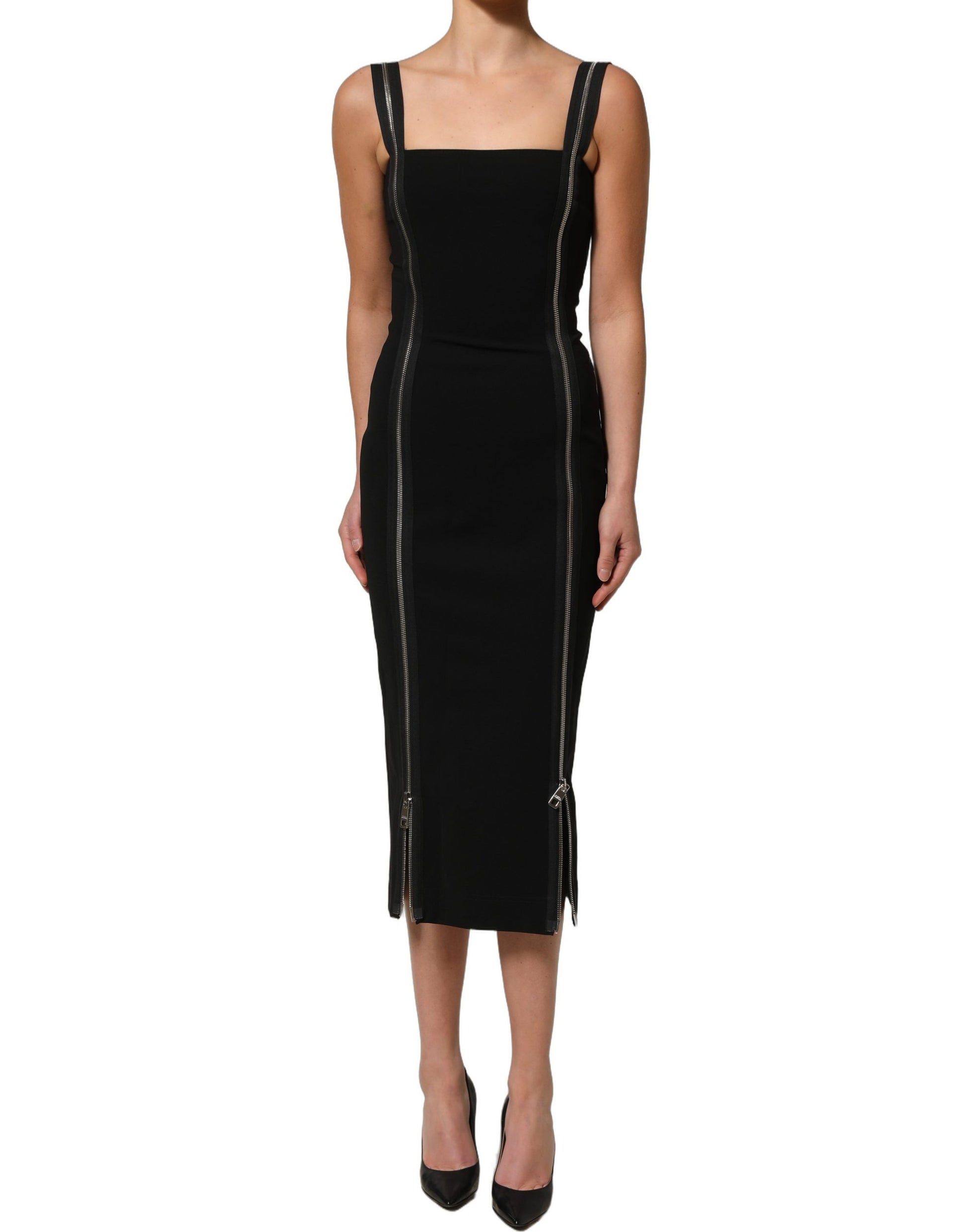 Dolce & Gabbana Black Sleeveless Front Zipper Midi Dress Dolce & Gabbana