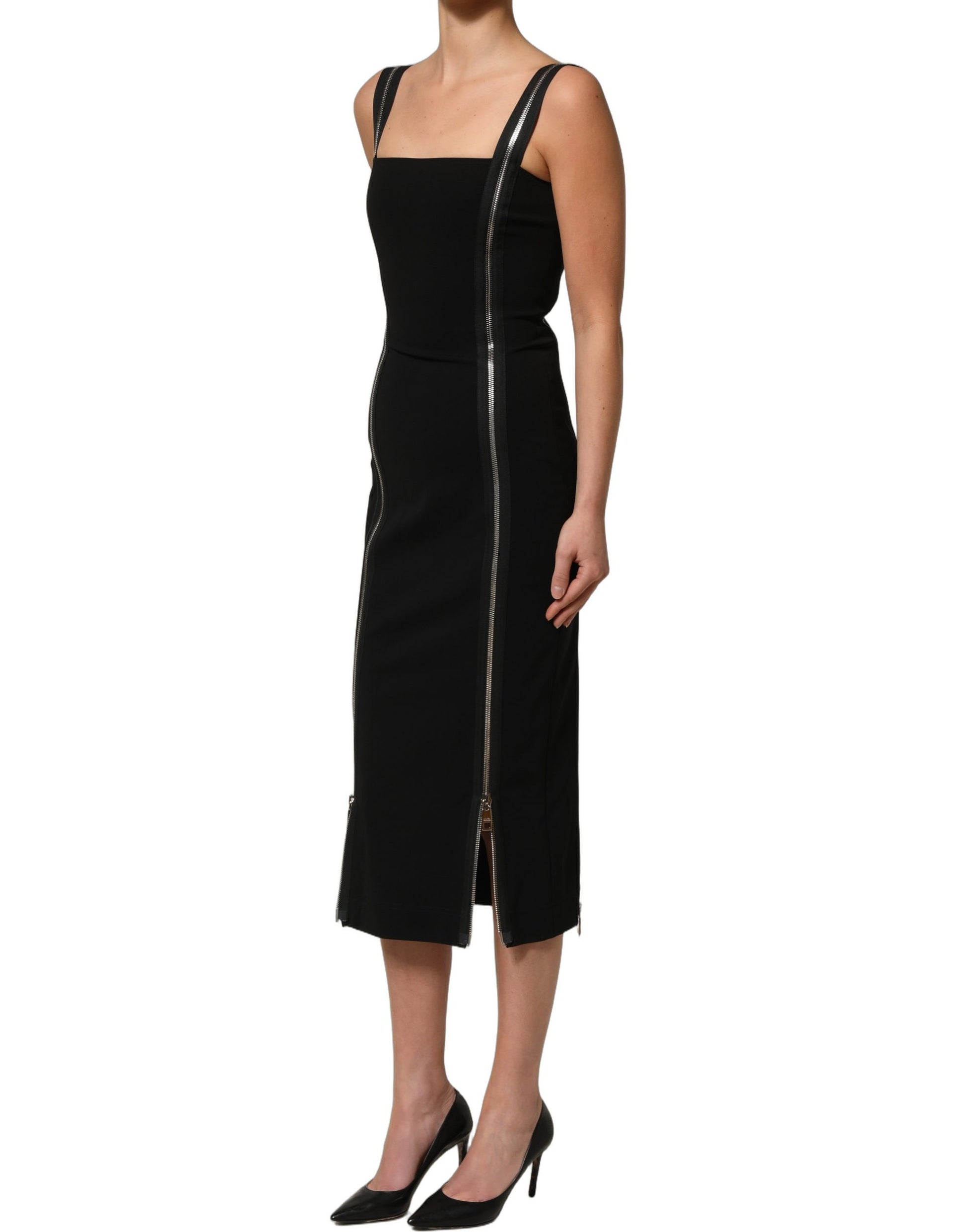 Dolce & Gabbana Black Sleeveless Front Zipper Midi Dress Dolce & Gabbana
