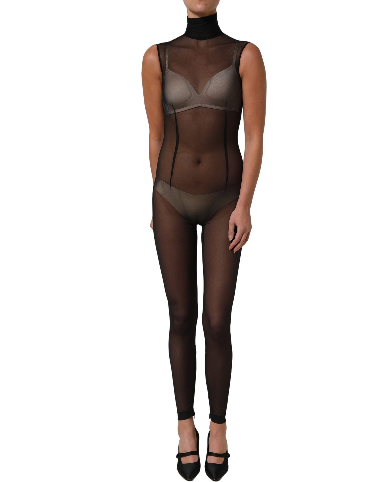 Dolce & Gabbana Black Sheer Mesh Jumpsuit Turtleneck Dress Dolce & Gabbana