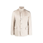 Herno beige polyamide full-length jacket displayed on a hanger, showcasing its sleek design and lightweight material.