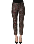 Dolce & Gabbana burgundy and grey floral jacquard straight pants with tailored fit, detailed floral pattern, and elegant design.