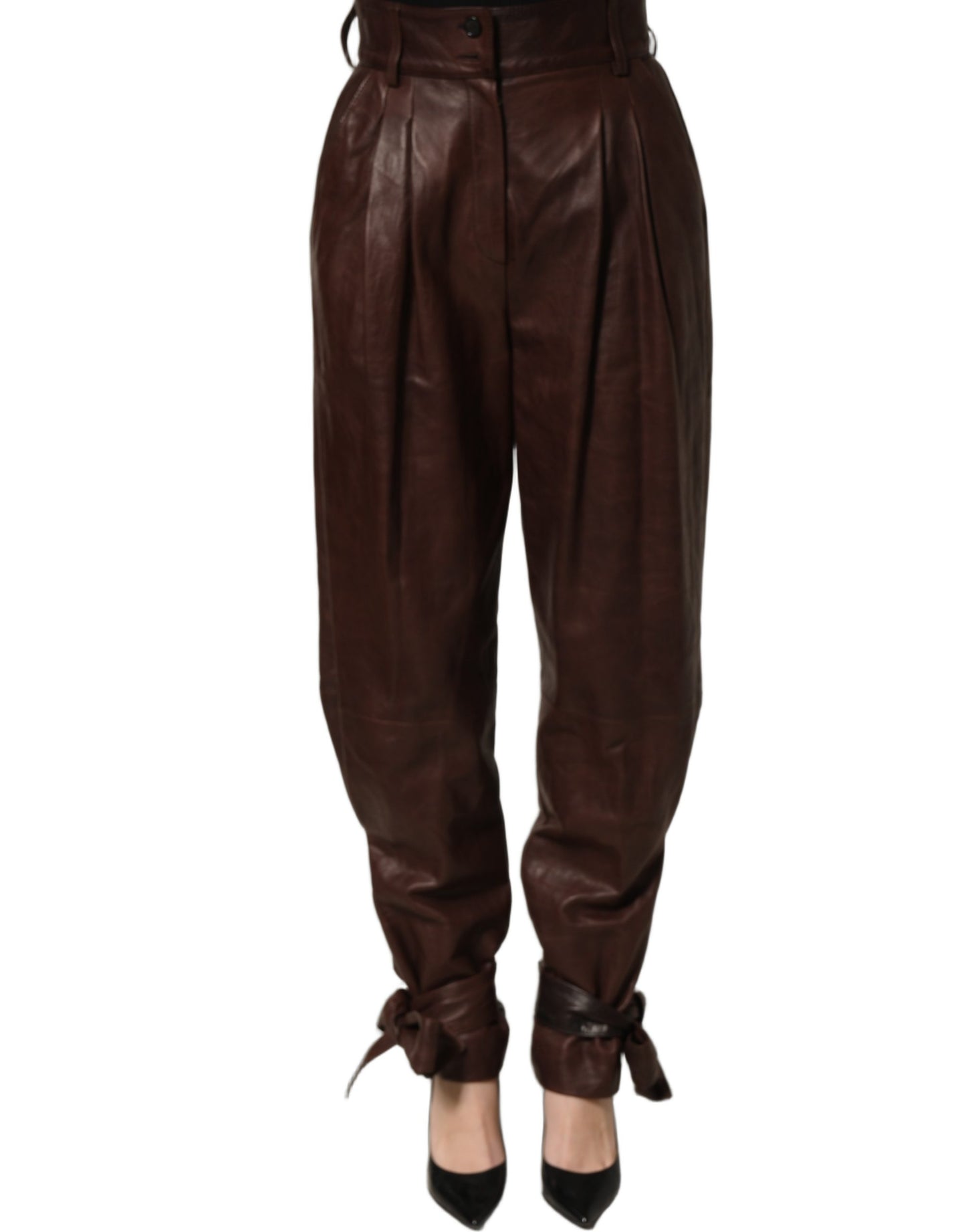 Dolce & Gabbana Brown Leather High Waist Tapered Leg Pants Dolce & Gabbana