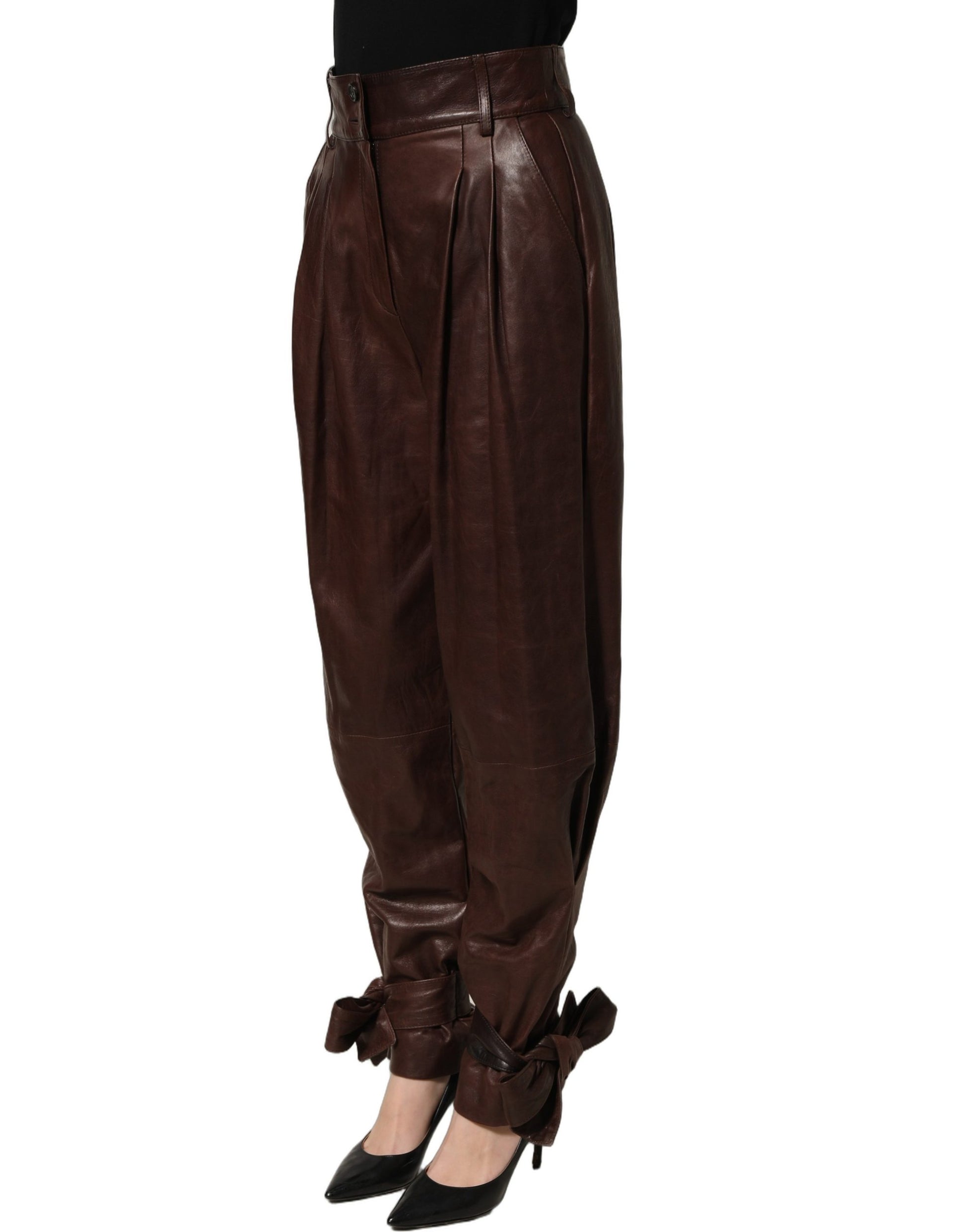 Dolce & Gabbana Brown Leather High Waist Tapered Leg Pants Dolce & Gabbana