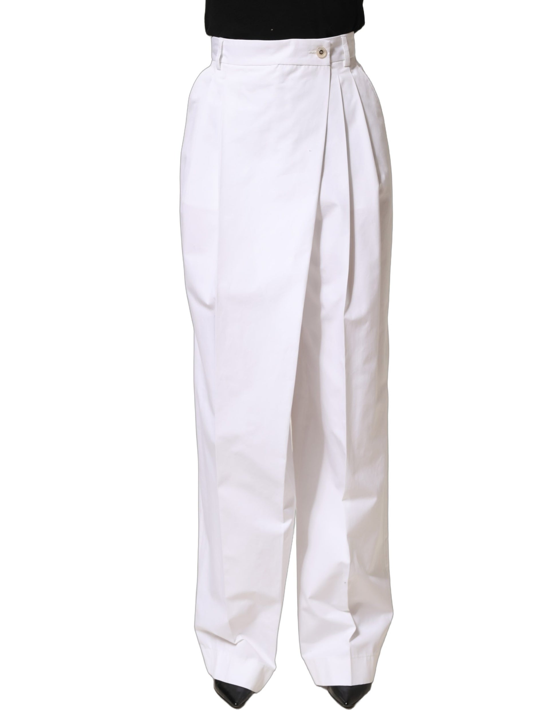 Dolce & Gabbana White Cotton High Waist Pleated Wide Leg Pants Dolce & Gabbana
