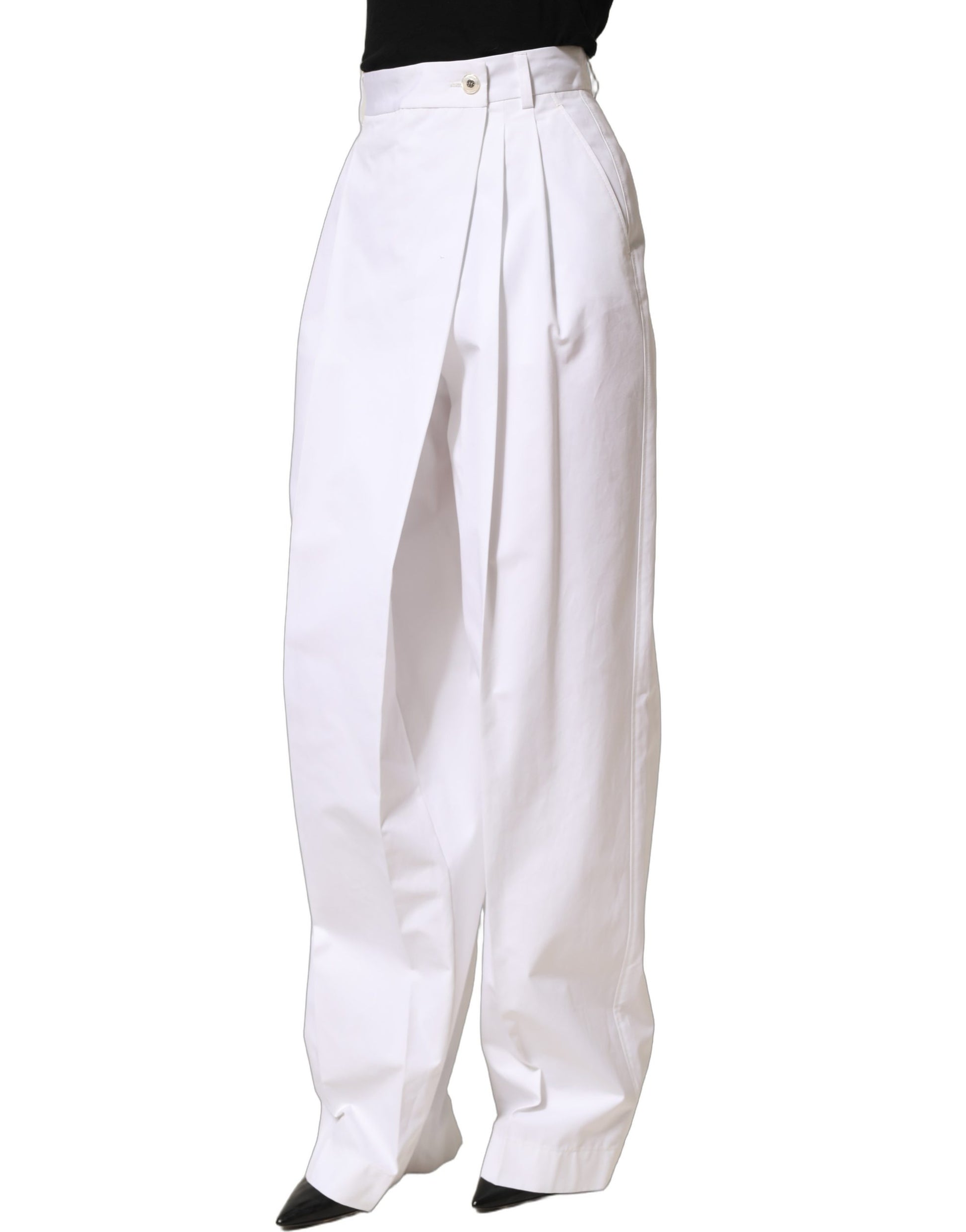 Dolce & Gabbana White Cotton High Waist Pleated Wide Leg Pants Dolce & Gabbana