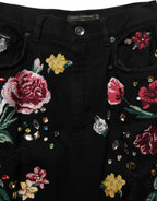 Dolce & Gabbana Black Floral Cotton High Waist Tapered Pants