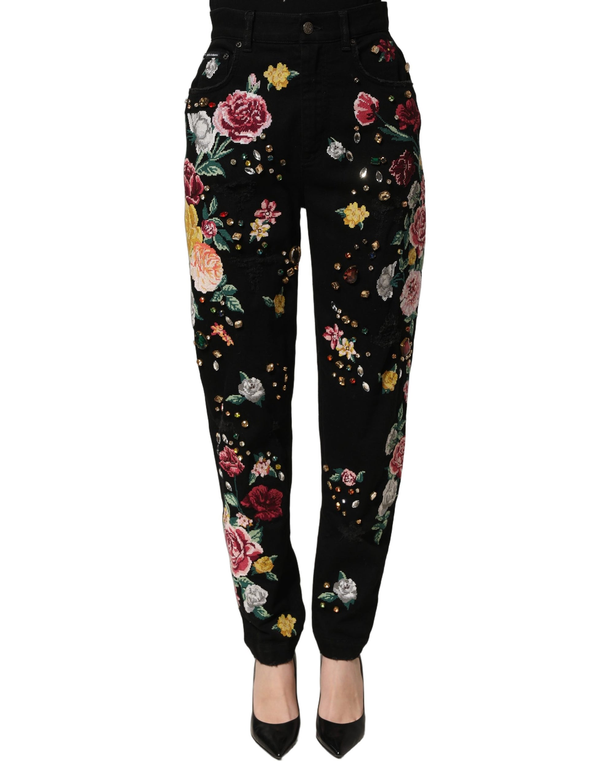 Dolce & Gabbana Black Floral Cotton High Waist Tapered Pants Dolce & Gabbana