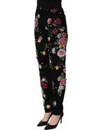 Dolce & Gabbana Black Floral Cotton High Waist Tapered Pants