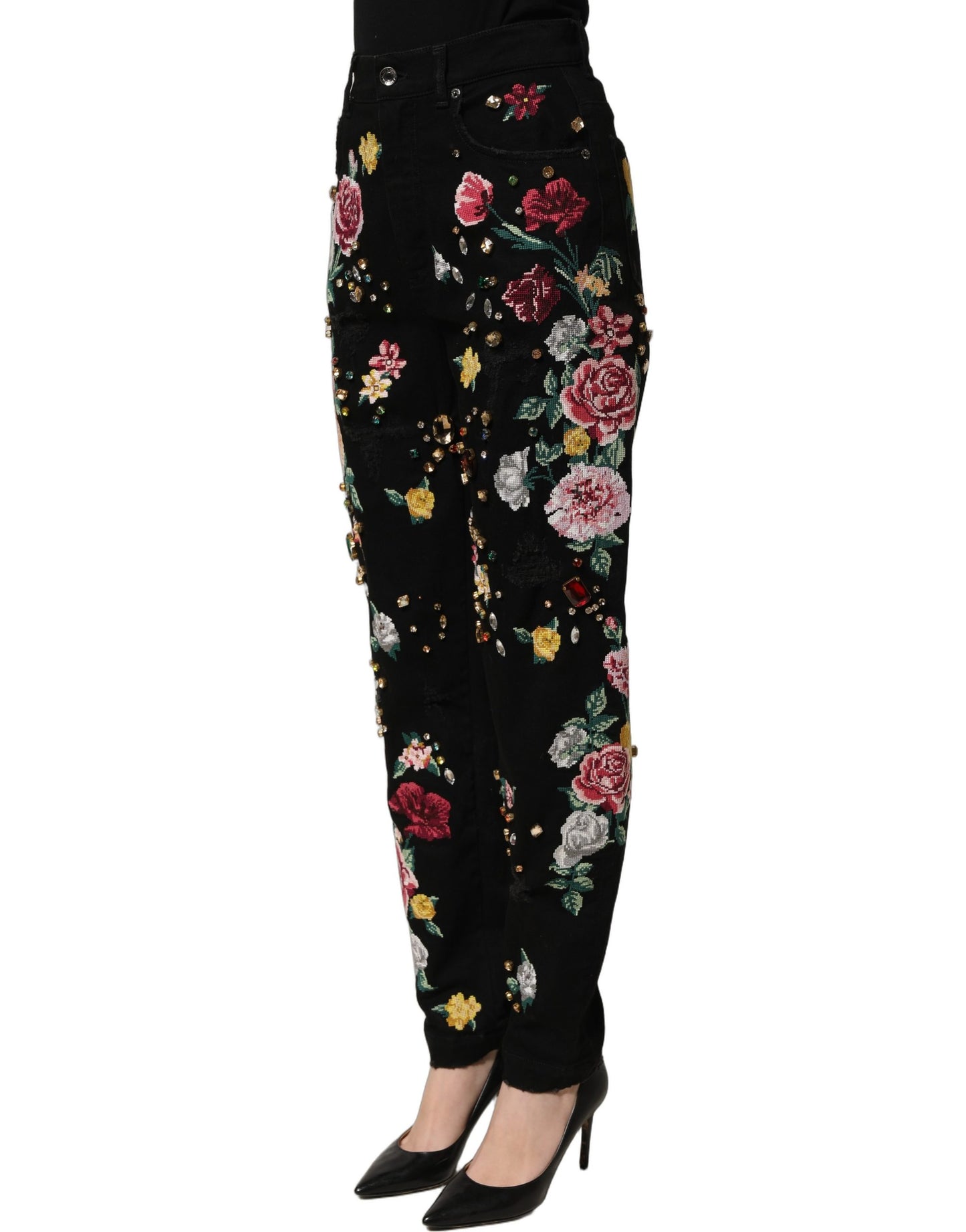 Dolce & Gabbana Black Floral Cotton High Waist Tapered Pants Dolce & Gabbana