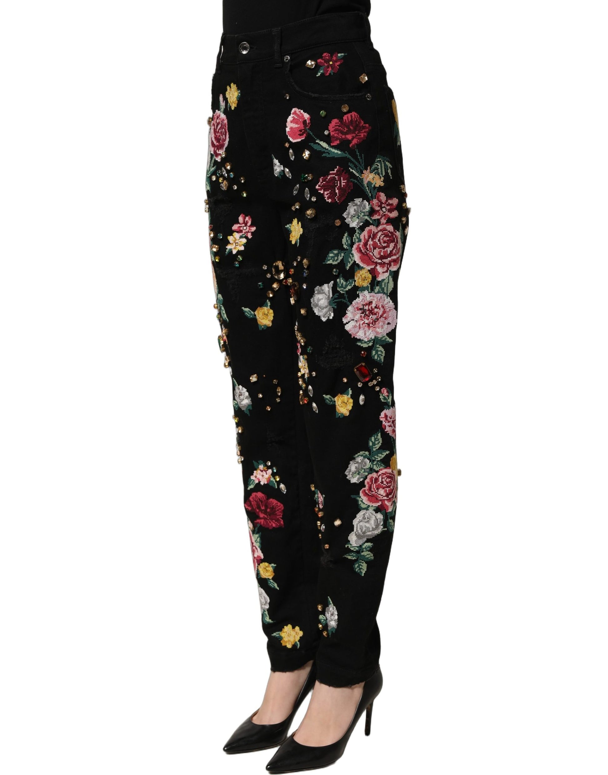 Dolce & Gabbana Black Floral Cotton High Waist Tapered Pants Dolce & Gabbana