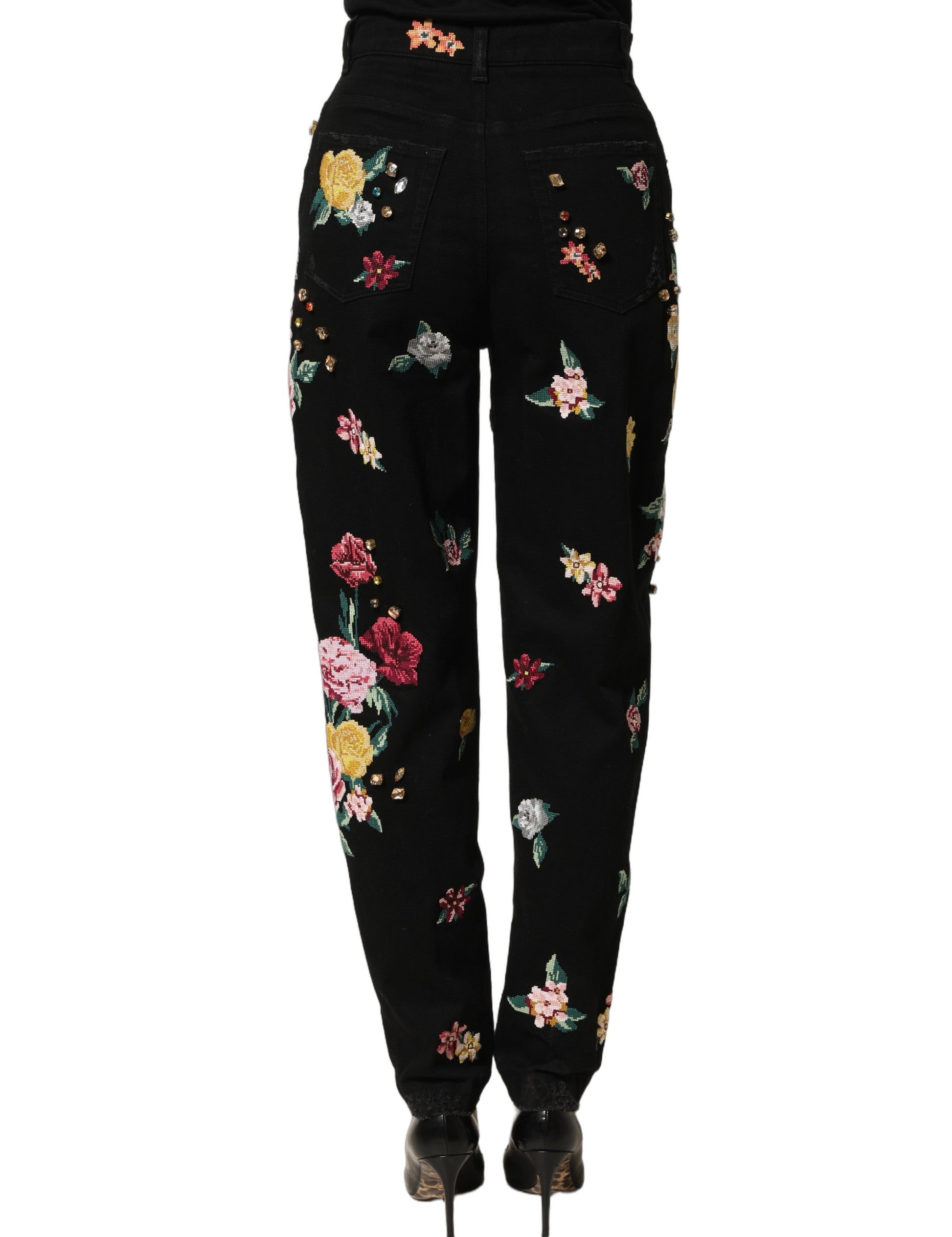 Dolce & Gabbana Black Floral Cotton High Waist Tapered Pants Dolce & Gabbana