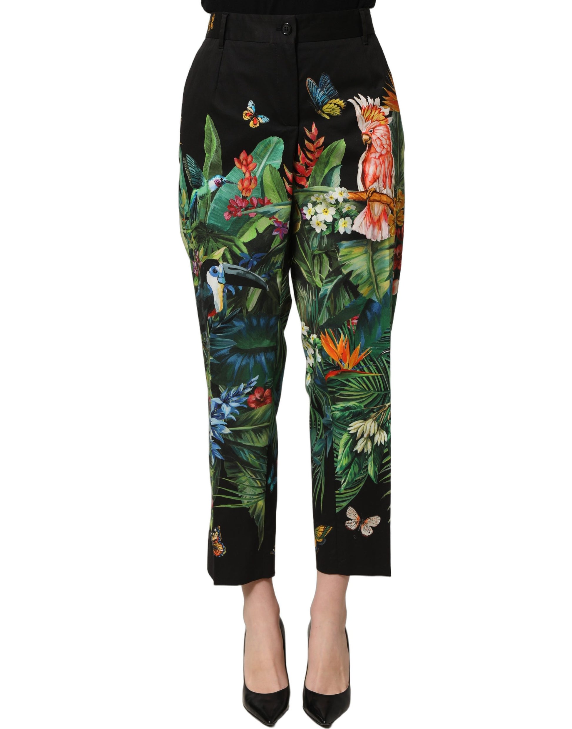 Dolce & Gabbana Black Tropical Print Cotton HighWaist Pants Dolce & Gabbana