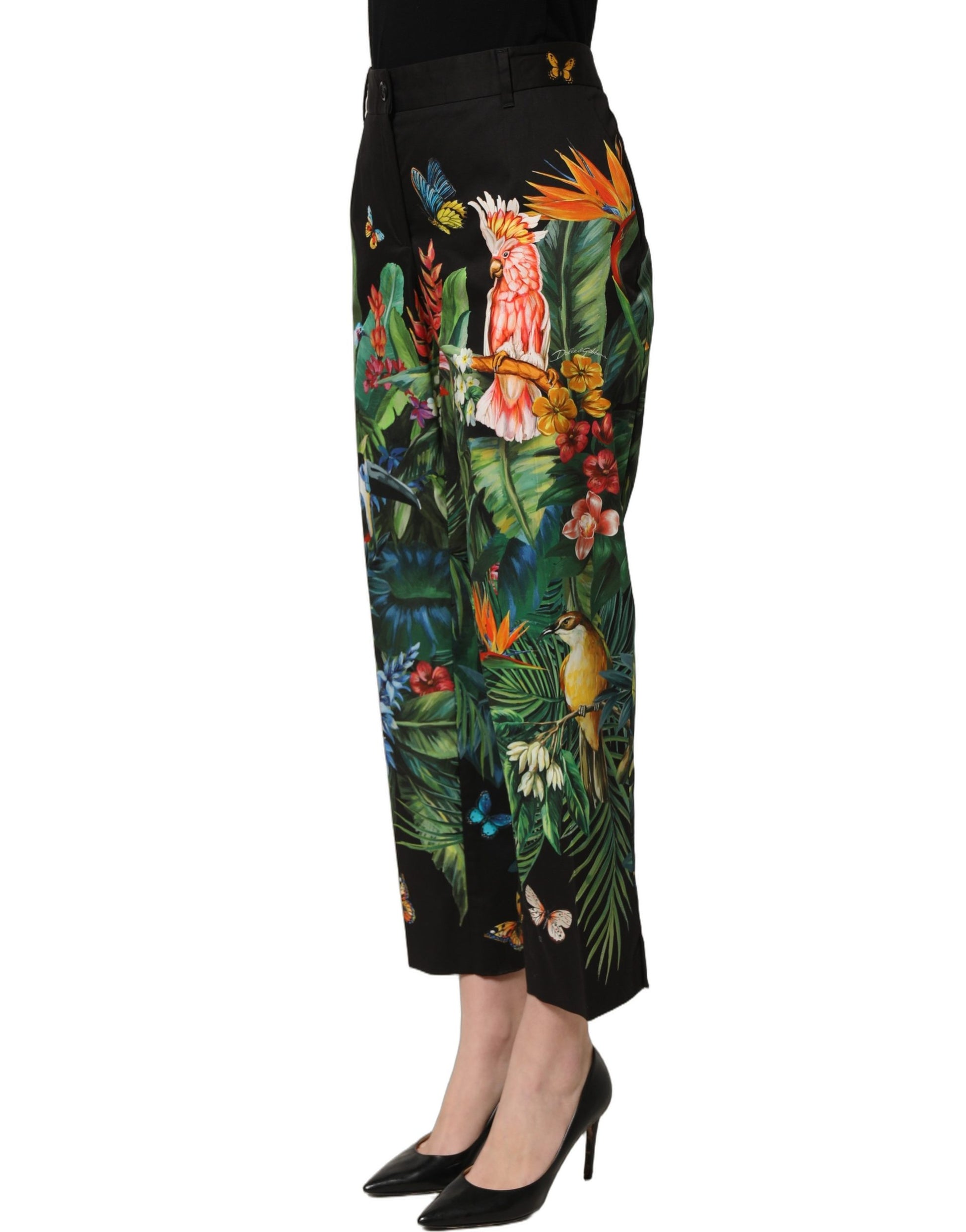 Dolce & Gabbana Black Tropical Print Cotton HighWaist Pants Dolce & Gabbana