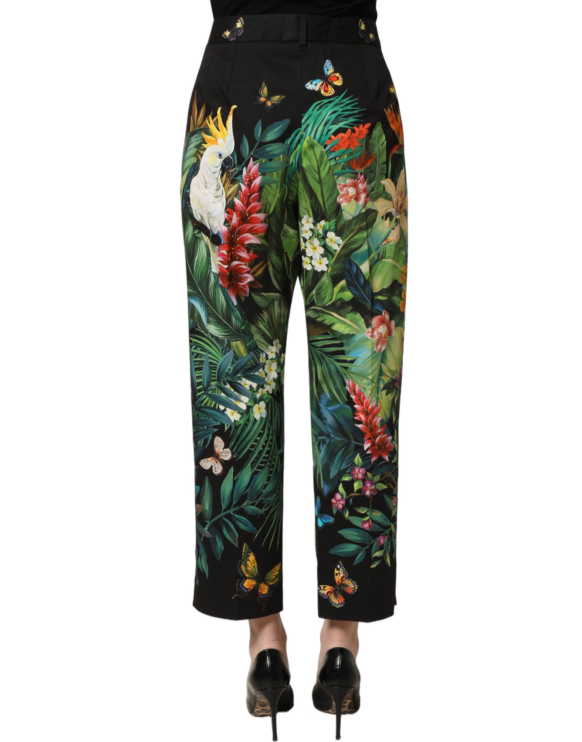 Dolce & Gabbana Black Tropical Print Cotton HighWaist Pants Dolce & Gabbana