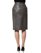 Dolce & Gabbana Gray Leather High Waist Pencil Cut Midi Skirt