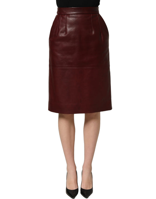 Dolce & Gabbana Burgundy Leather High Waist Pencil Midi Skirt Dolce & Gabbana