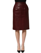 Dolce & Gabbana Burgundy Leather High Waist Pencil Midi Skirt Dolce & Gabbana