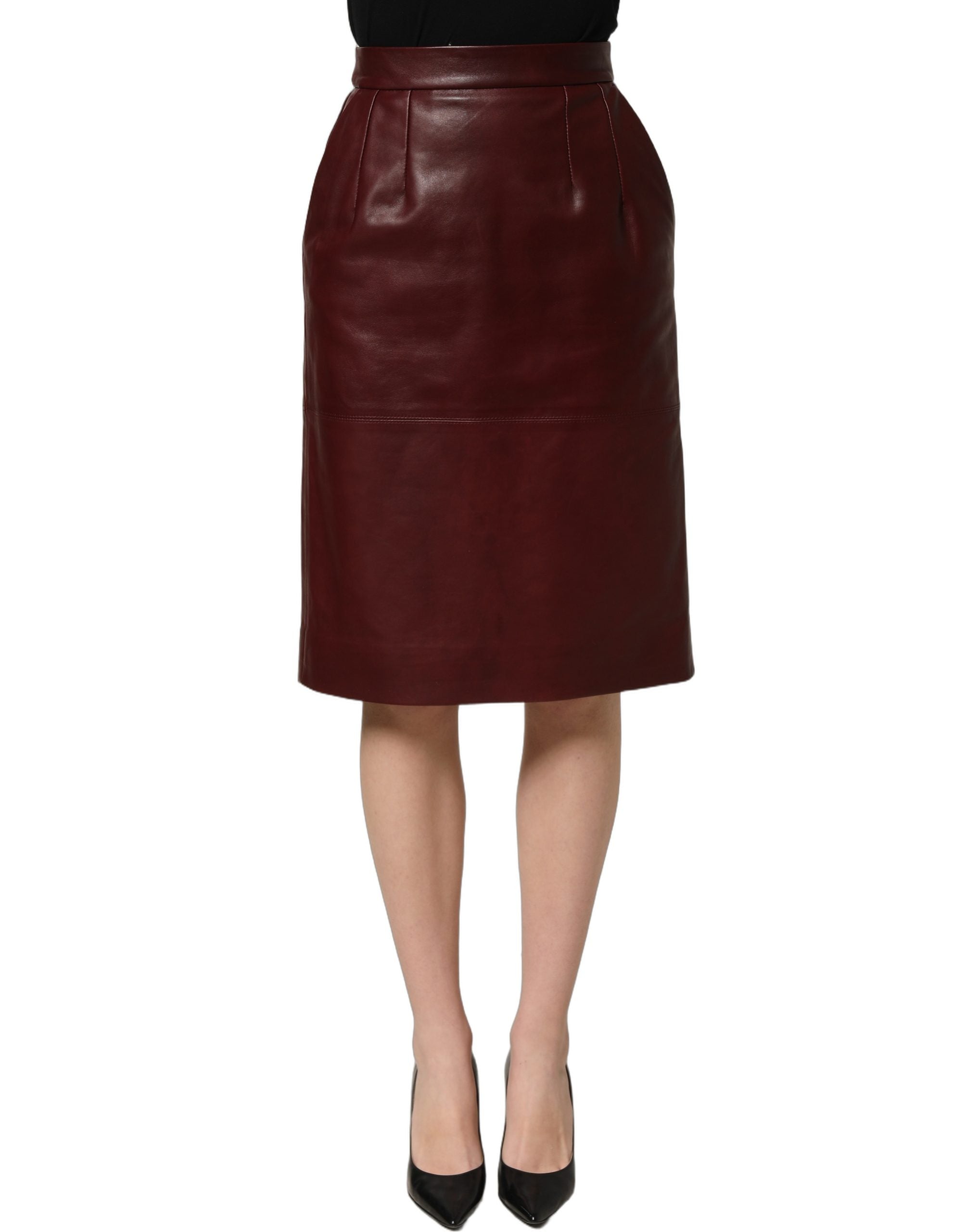 Dolce & Gabbana Burgundy Leather High Waist Pencil Midi Skirt Dolce & Gabbana