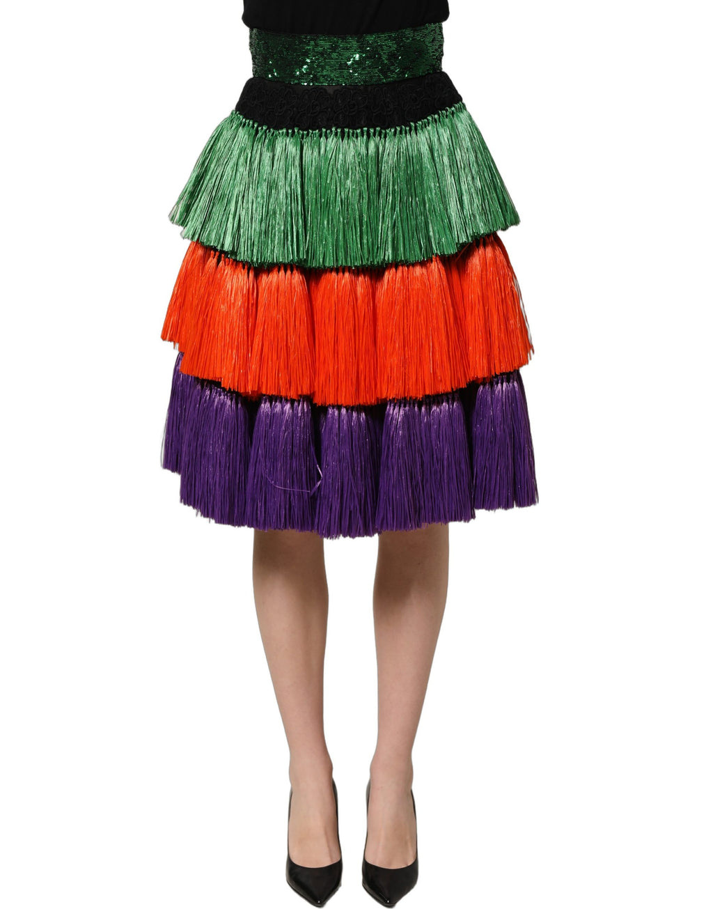 Dolce & Gabbana Multicolor Fringed High Waist Knee Length Skirt Dolce & Gabbana
