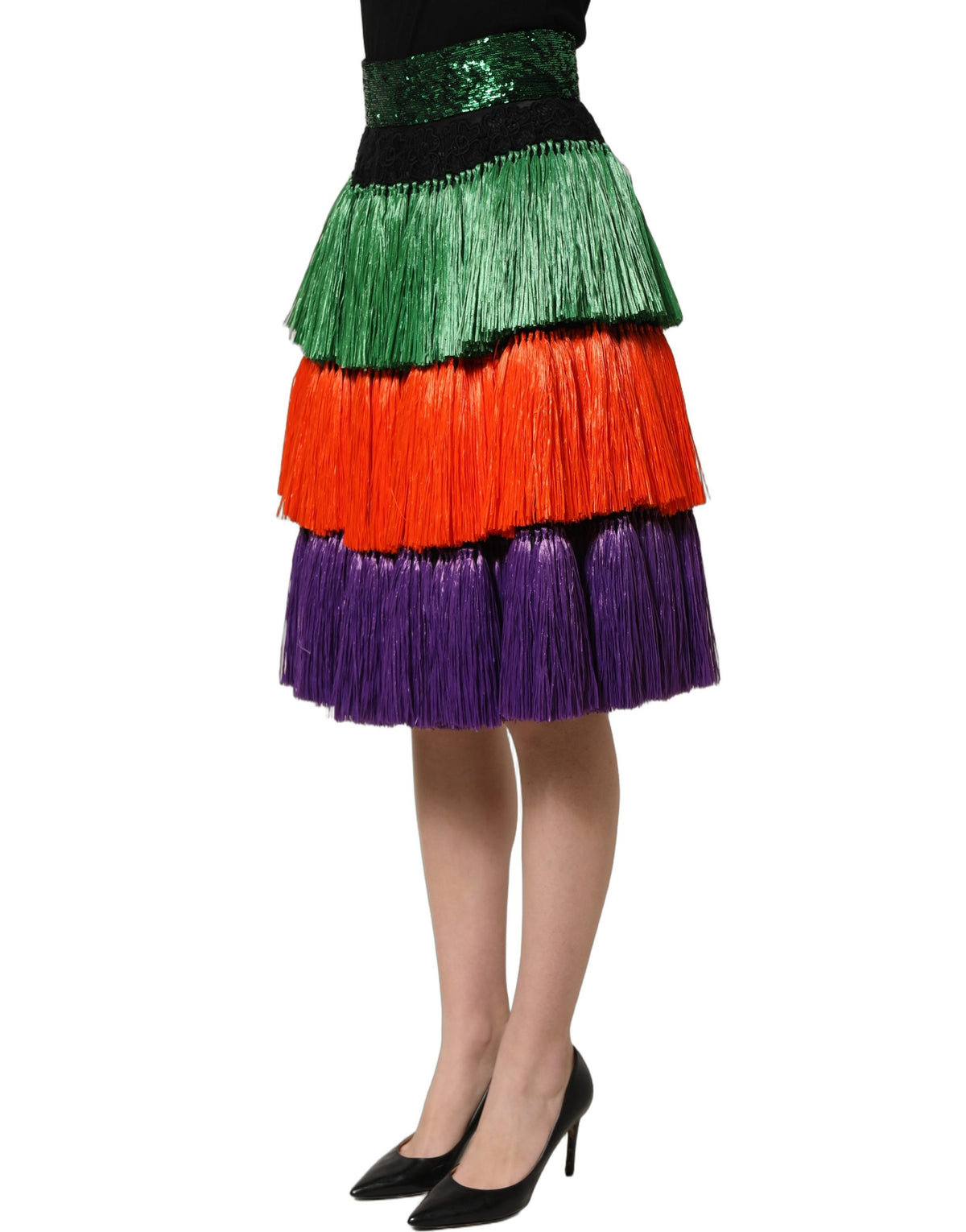 Dolce & Gabbana Multicolor Fringed High Waist Knee Length Skirt Dolce & Gabbana