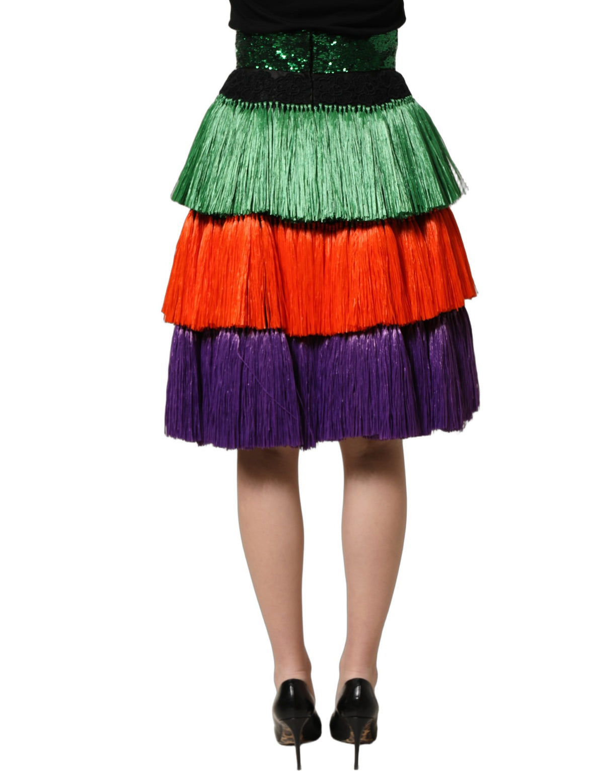 Dolce & Gabbana Multicolor Fringed High Waist Knee Length Skirt Dolce & Gabbana