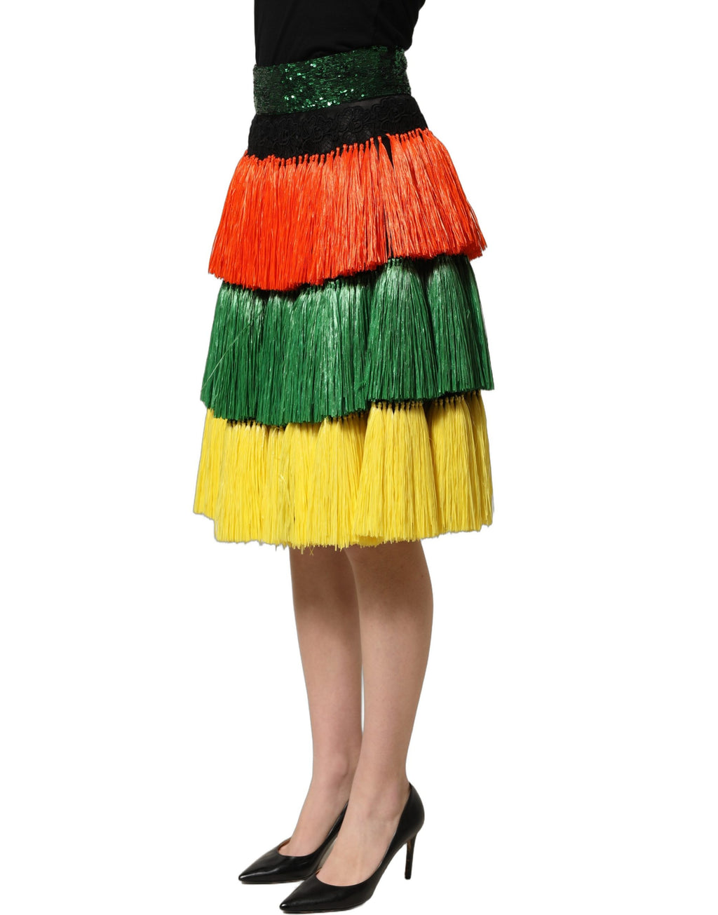 Dolce & Gabbana Multicolor Fringe Sequin High Waist Knee Length Skirt Dolce & Gabbana