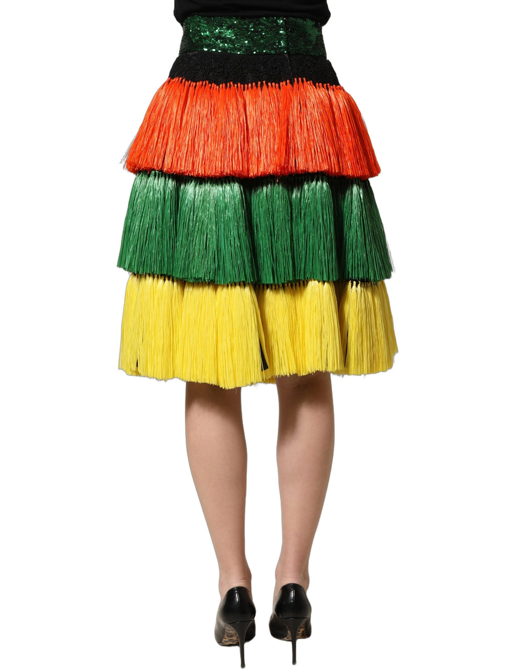 Dolce & Gabbana Multicolor Fringe Sequin High Waist Knee Length Skirt Dolce & Gabbana
