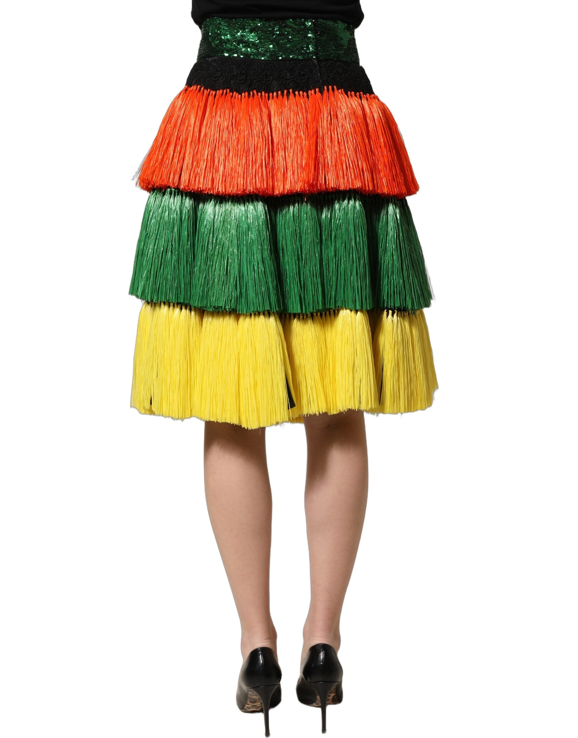 Dolce & Gabbana Multicolor Fringe Sequin High Waist Knee Length Skirt Dolce & Gabbana