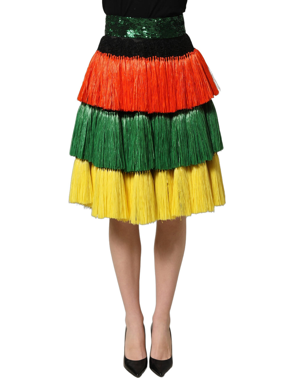 Dolce & Gabbana Multicolor Fringe Sequin High Waist Knee Length Skirt Dolce & Gabbana